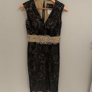 Adrianna Papell Black Lace Dress with Beaded Tan Waist